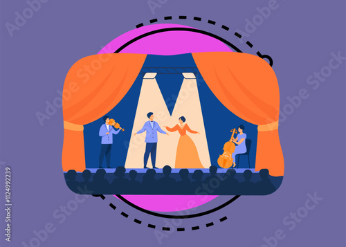 Opera singers playing on stage with musicians. Theatre performers wearing costumes, standing under spotlights and singing before audience. Flat cartoon illustration for drama, performance concept