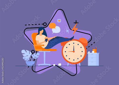 Lazy woman sitting in office and procrastinating flat vector illustration. Cartoon person wasting time with legs up on alarm watch. Daydream, leisure and laziness concept