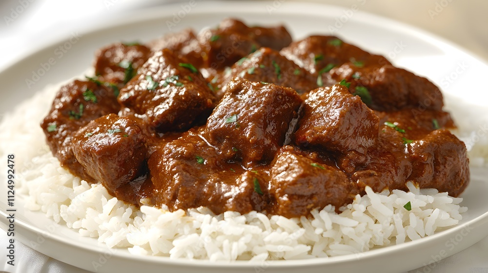 Vindaloo features tender pieces of meat enveloped in a rich, spicy sauce, served over fluffy white rice, creating a delicious and comforting meal for any occasion. Vindaloo features tender pieces of meat enveloped in a rich, spicy sauce, served over fluffy white rice, creating a delicious and comforting meal for any occasion.
