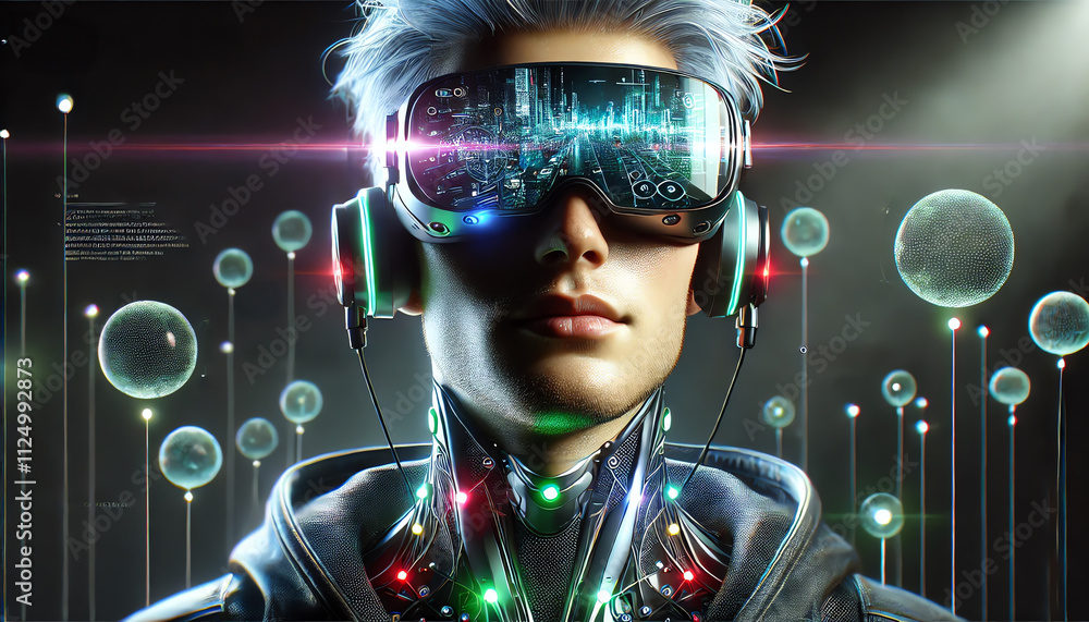 A person wearing advanced virtual reality goggles A person wearing advanced virtual reality goggles