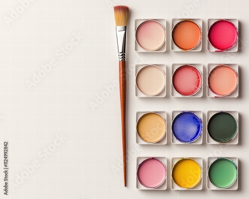 Vibrant watercolor palette with brush, showcasing an artist's tools for creativity and expression. photo