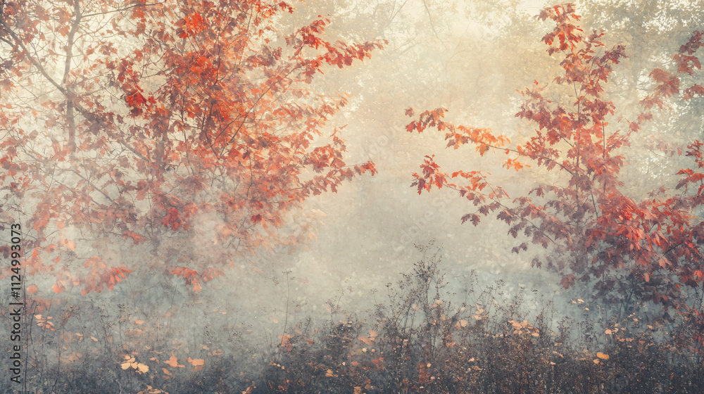 Fototapeta premium Early morning light filters through autumn trees with red and golden leaves, creating misty atmosphere