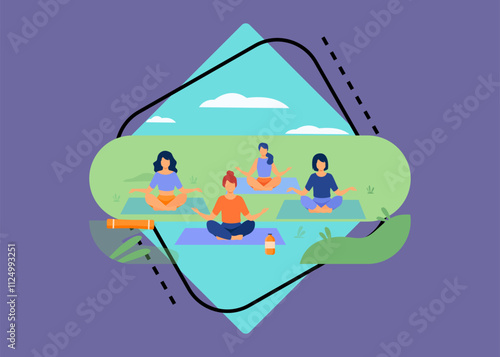 People enjoying outdoor yoga class in park. Women sitting on grass in lotus pose. Vector illustration for health, recreation, wellbeing concept