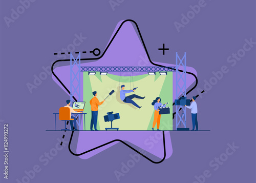 Shooting team filming action scene with stunt falling and holding gun against green backdrop. Vector illustration for cinema, moviemaking, casting, stunt man concept