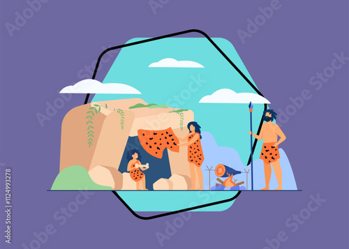 Prehistoric family couple and kid wearing leopard hides, cooking food at cave entrance. Vector illustration for ancient people stone age, caveman dinner concept