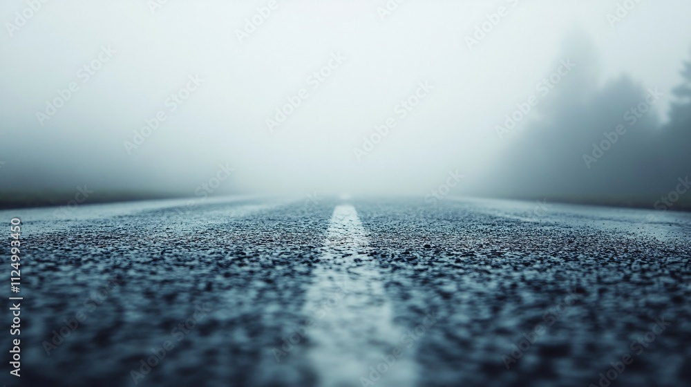 Wet asphalt road disappearing into the fog on a gloomy day Wet asphalt road disappearing into the fog on a gloomy day