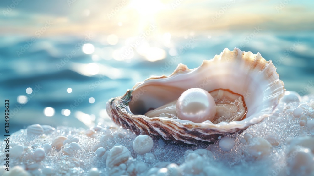Beautiful open oyster with a big pearl inside on white sea foam against a blurred blue water background Beautiful open oyster with a big pearl inside on white sea foam against a blurred blue water background