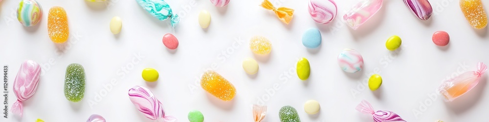 clean flat lay of colorful candies in pastel wrappers scattered on neutral white background clean flat lay of colorful candies in pastel wrappers scattered on neutral white background
