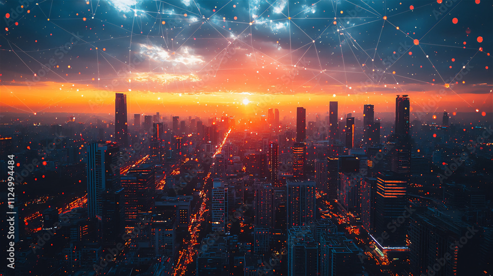 Obraz premium a futuristic city skyline at dawn showcasing