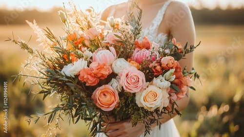 Stunning Peach and Coral Bridal Bouquet in a Golden Field Sunset Wedding Floral Arrangement photo