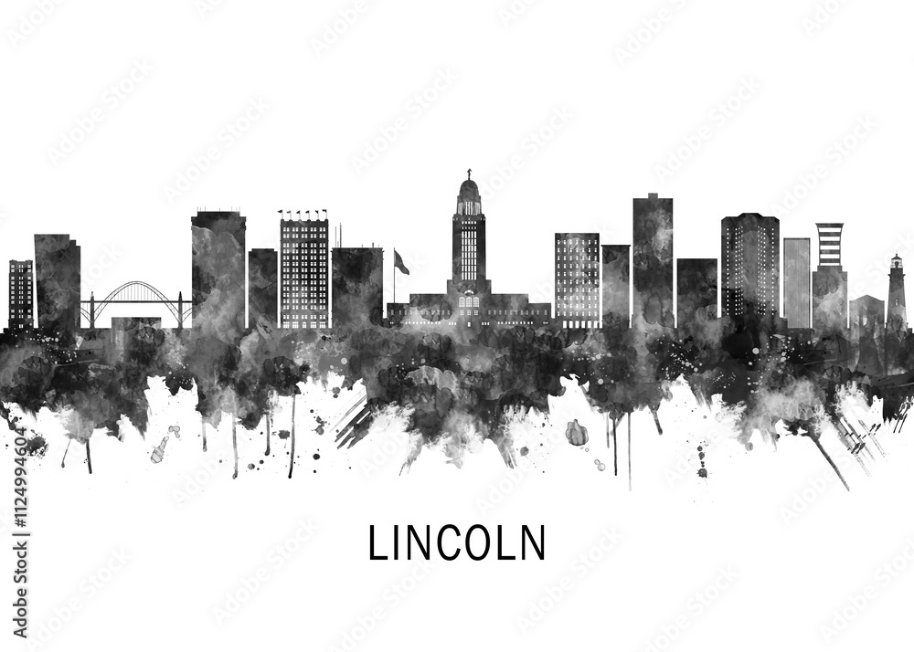 Lincoln Nebraska Skyline BW, landscape watercolor abstract painting travel illustration urban art modern downtown landmarks skyscrapers artwork