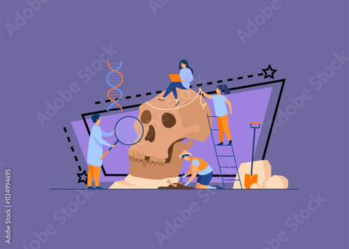 Tiny anthropologists studying Neanderthal skull flat vector illustration. Cartoon people doing DNA and Paleolithic research. Anthropology and prehistoric museum concept