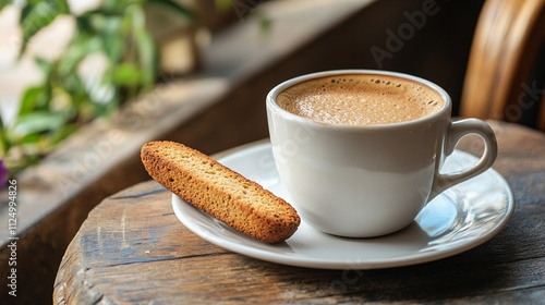 Fototapeta Naklejka Na Ścianę i Meble -  A cup of authentic Italian espresso served with a small biscotti, set on a cafe table with a charming street view in the background.