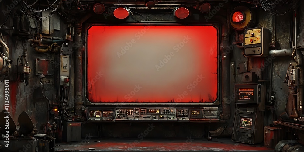 Grungy futuristic control room with red screen. Grungy futuristic control room with red screen.