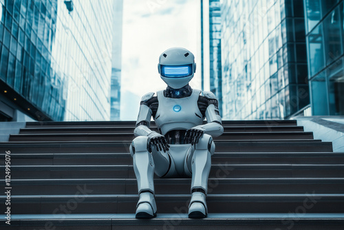 A robot seated on a simple set of stairs in a contemporary cityscape with sleek architecture