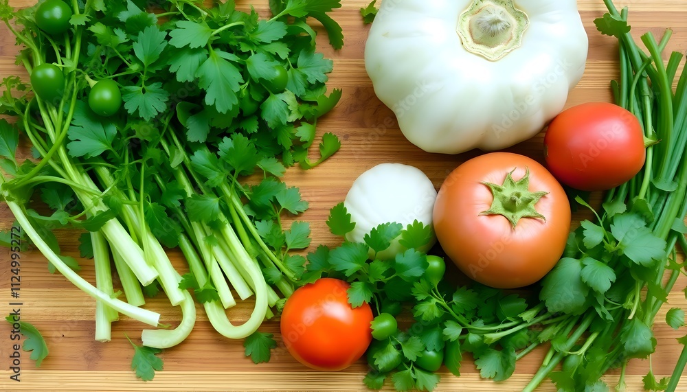 Fresh Organic Vegetables Including Tomatoes and Herbs on Wooden Surface Fresh Organic Vegetables Including Tomatoes and Herbs on Wooden Surface