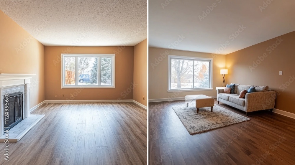 A side-by-side photo showing a living room before and after renovations with new flooring, paint, and furniture. A side-by-side photo showing a living room before and after renovations with new flooring, paint, and furniture.
