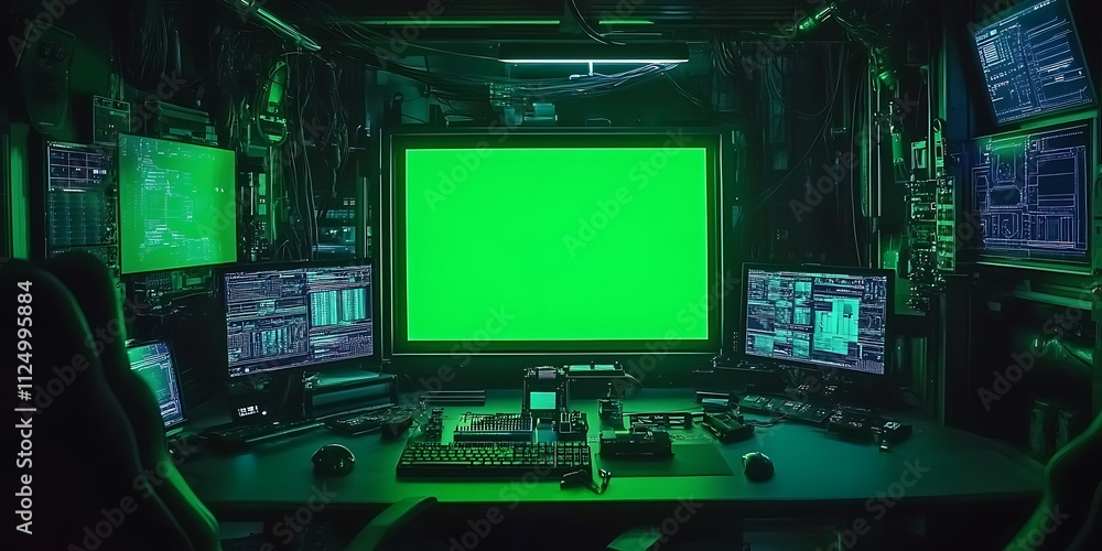Fototapeta premium Hacker's workspace with green screen monitor.