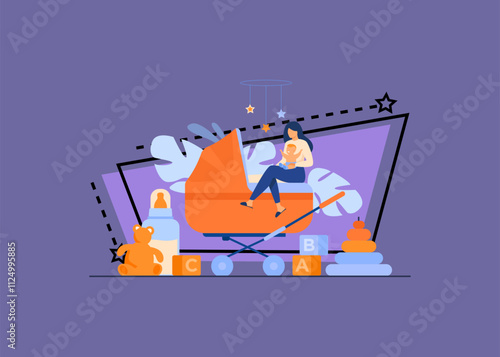 Tiny mother or babysitter holding baby and sitting on carriage isolated flat vector illustration. Cartoon newborn smiling on woman hands. Nanny occupation. Family and nursery concept