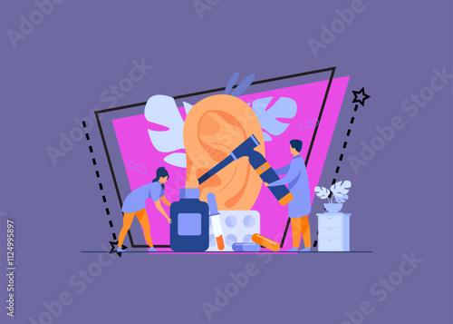 Tiny doctors treating or examining patients ear, using otology tool, carrying bottles and blisters with pills. Vector illustration for otolaryngology, health care, hearing loss concept