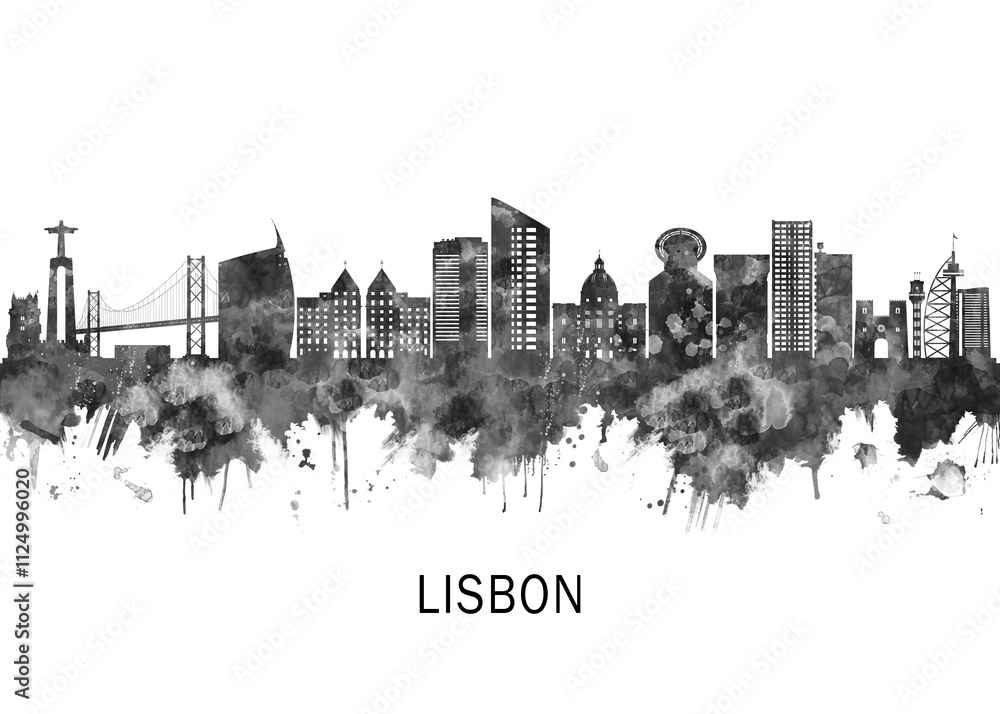 Obraz premium Lisbon Portugal Skyline BW, landscape watercolor abstract painting travel illustration urban art modern downtown landmarks skyscrapers artwork