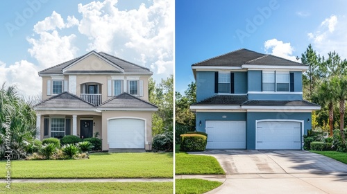 Fototapeta Naklejka Na Ścianę i Meble -  A split image showing the exterior of a house before and after an upgrade or new paint job.