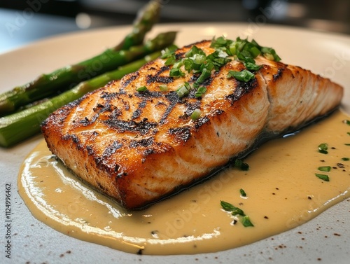 Savor Seared Salmon Delight Upscale Restaurant Fine Dining Plate Elegant Ambiance Gourmet Experience