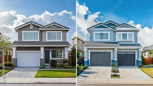 Fototapeta Naklejka Na Ścianę i Meble -  A split image showing the exterior of a house before and after an upgrade or new paint job.