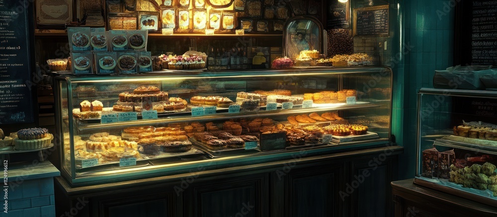 Delicious pastries and cakes displayed in a glass case at a bakery.