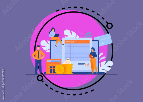 Tiny people preparing invoice on computer isolated flat vector illustration. Cartoon accountants creating reports about VAT, payroll and paid money. Online payment and accounting concept