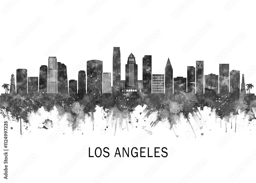 Obraz premium Los Angeles California Skyline BW, landscape watercolor abstract painting travel illustration urban art modern downtown landmarks skyscrapers artwork
