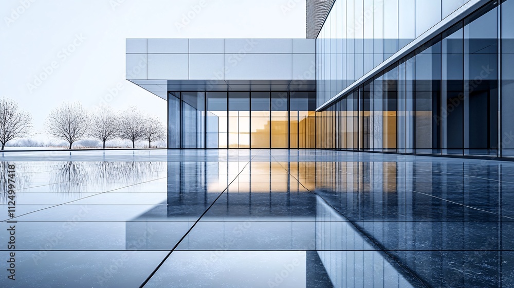 Fototapeta premium Modern glass building reflecting on wet pavement at sunset
