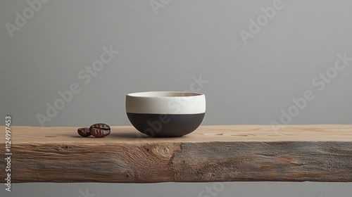 cup coffee beans wooden  minimal. A simple, elegant bowl with a two-tone design rests on a rustic wooden surface, accompanied by a few coffee beans.