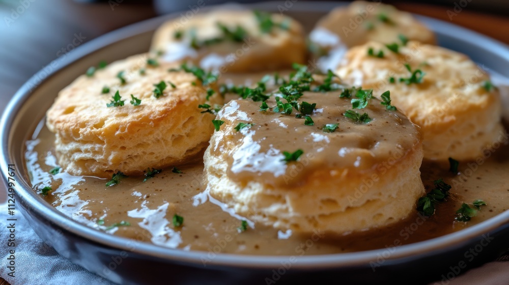 Savory Biscuits and Gravy Southern Kitchen Culinary Delight Cozy Diner Close-Up View Comfort Food Experience Savory Biscuits and Gravy Southern Kitchen Culinary Delight Cozy Diner Close-Up View Comfort Food Experience
