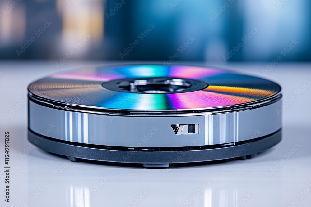 A DVD player ejecting a shiny disc, with the light catching the rainbow reflections on its surface A DVD player ejecting a shiny disc, with the light catching the rainbow reflections on its surface