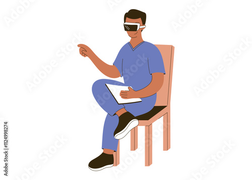 Vector isolated illustration of male healthcare professional wearing VR goggles, holding clipboard while seated. Innovation and technology in medicine. Medical futuristic advancements, virtual reality