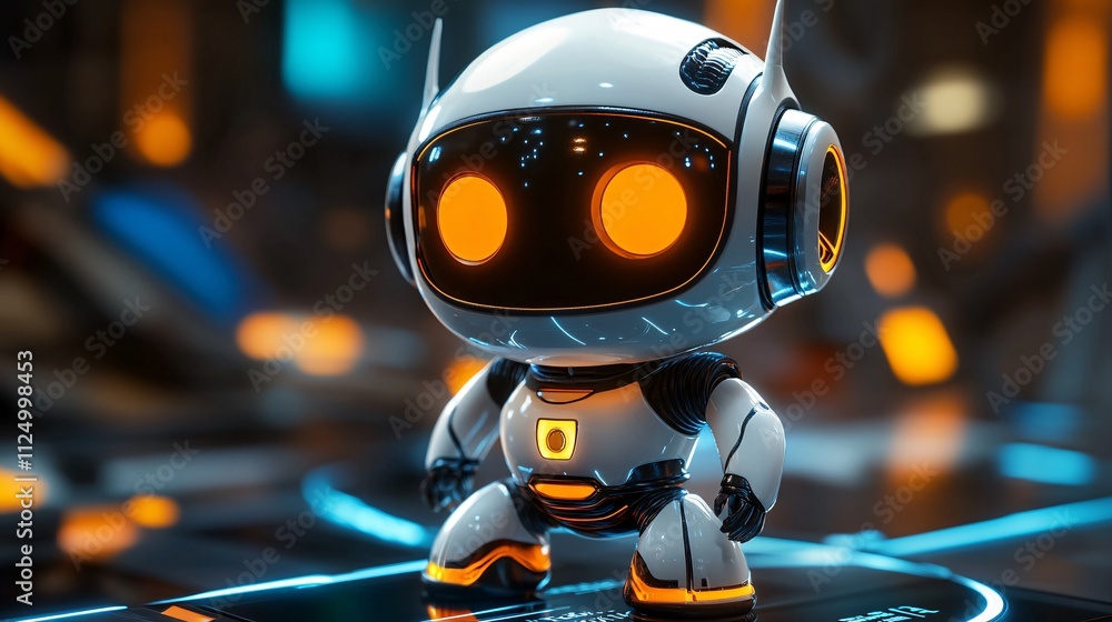 A cute, futuristic robot with glowing orange eyes stands in a high-tech environment, showcasing advanced design and playful aesthetics. A cute, futuristic robot with glowing orange eyes stands in a high-tech environment, showcasing advanced design and playful aesthetics.