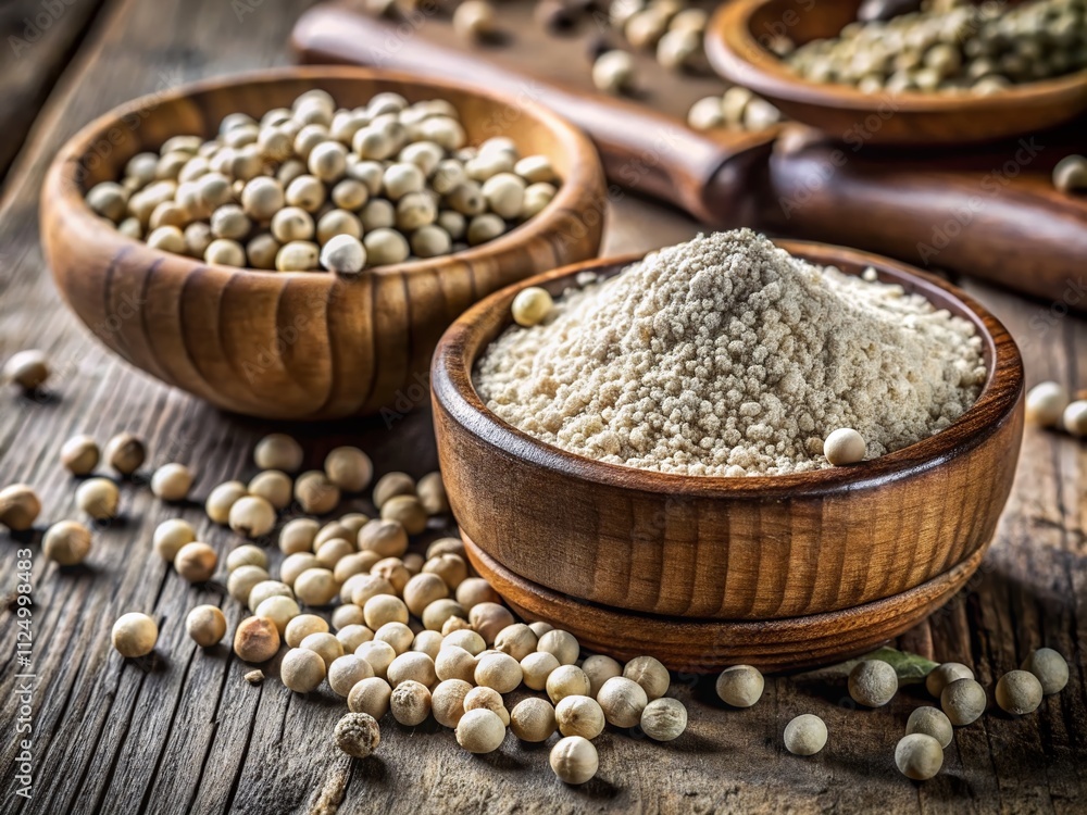 Close-Up Macro Photography of White Peppercorns and White Pepper Powder with Natural Textures Showcasing Their Unique Characteristics and Culinary Uses in a Rustic Setting Close-Up Macro Photography of White Peppercorns and White Pepper Powder with Natural Textures Showcasing Their Unique Characteristics and Culinary Uses in a Rustic Setting