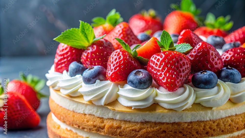 Close-Up Macro Shot of a Beautifully Presented Strawberry Cake with Whipped Cream and Fresh Berries, Capturing the Essence of Gourmet Dessert Photography Close-Up Macro Shot of a Beautifully Presented Strawberry Cake with Whipped Cream and Fresh Berries, Capturing the Essence of Gourmet Dessert Photography