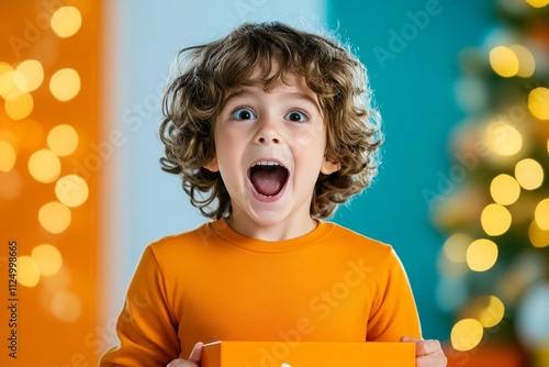 A child excitedly opening a brand-new DVD box set, with a DVD player glowing softly in the background photo