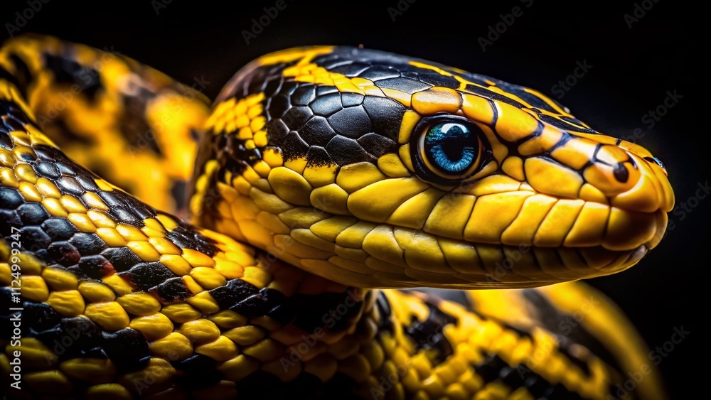 Close-Up Night Photography of a Striking Yellow and Black Patterned Snake, Capturing Intricate Details of Its Eyes and Scales in Sharp Focus Against a Dark Background Close-Up Night Photography of a Striking Yellow and Black Patterned Snake, Capturing Intricate Details of Its Eyes and Scales in Sharp Focus Against a Dark Background