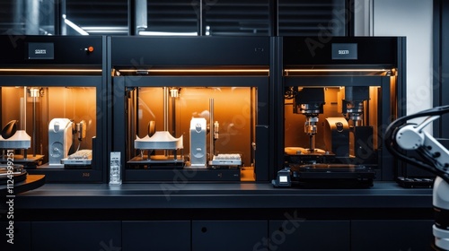 Multi-material 3D printer line producing composite parts, robots retrieving finished items, a silent ballet of precision photo