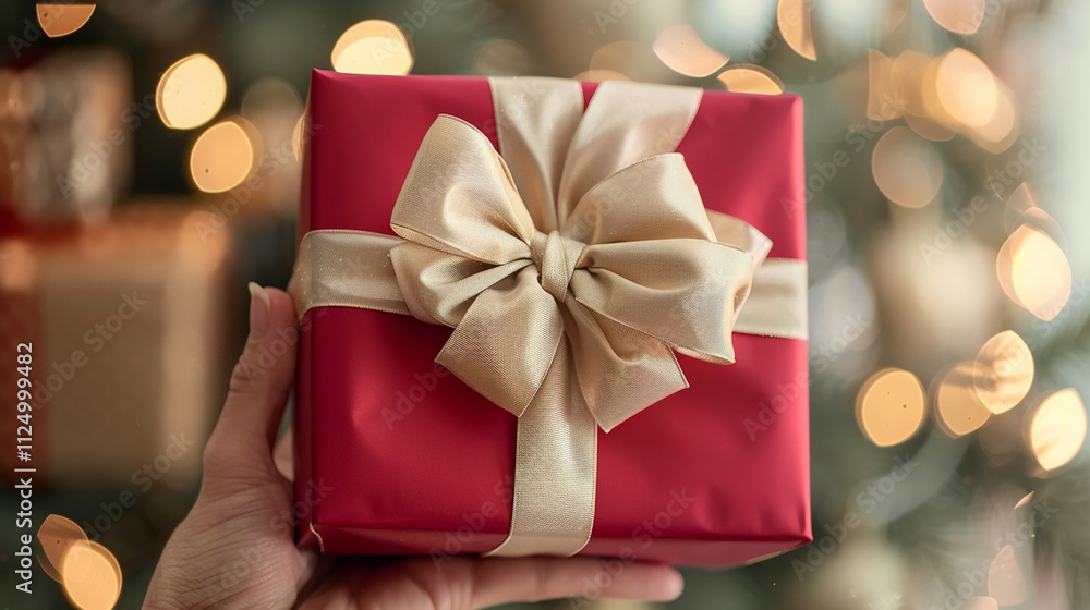 Close-Up of a Beautifully Wrapped Christmas Gift with Golden Ribbon
Close-Up of a Beautifully Wrapped Christmas Gift with Golden Ribbon