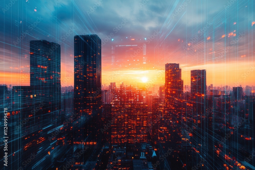 Fototapeta premium Futuristic city skyline at sunset with digital overlay.