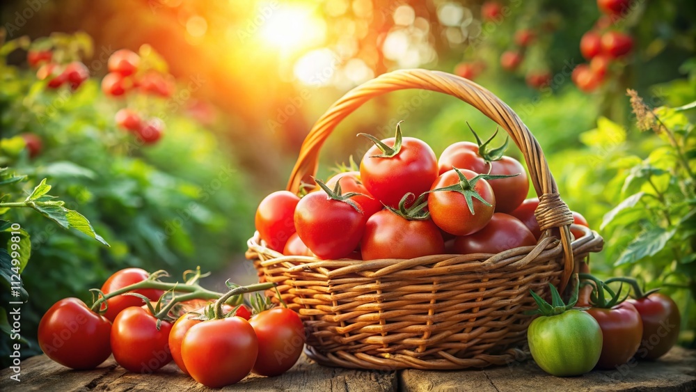 Close-up of a basket brimming with ripe organic tomatoes, showcasing the vibrant colors and textures, perfect for illustrating ecological farming and the joy of harvest season. Close-up of a basket brimming with ripe organic tomatoes, showcasing the vibrant colors and textures, perfect for illustrating ecological farming and the joy of harvest season.