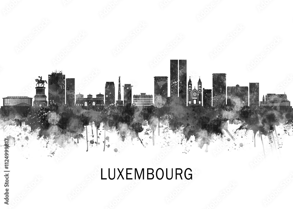 Luxembourg City Skyline BW, landscape watercolor abstract painting travel illustration urban art modern downtown landmarks skyscrapers artwork Luxembourg City Skyline BW, landscape watercolor abstract painting travel illustration urban art modern downtown landmarks skyscrapers artwork