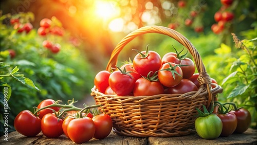 Close-up of a basket brimming with ripe organic tomatoes, showcasing the vibrant colors and textures, perfect for illustrating ecological farming and the joy of harvest season.