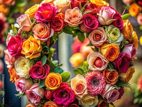 Close-Up of a Beautiful Blooming Roses Wreath, Capturing the Intricate Petals and Rich Colors, Perfect for Floral Arrangements, Home Decor, and Wedding Decorations