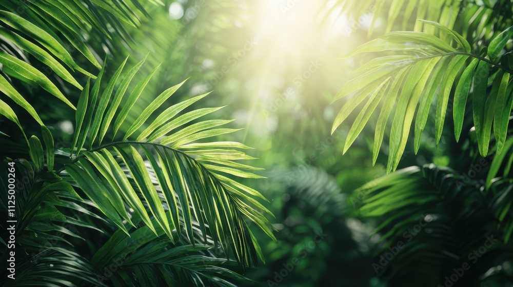 Lush green palm leaves bask in soft sunlight, creating a tranquil atmosphere in a vibrant, tropical setting. Lush green palm leaves bask in soft sunlight, creating a tranquil atmosphere in a vibrant, tropical setting.