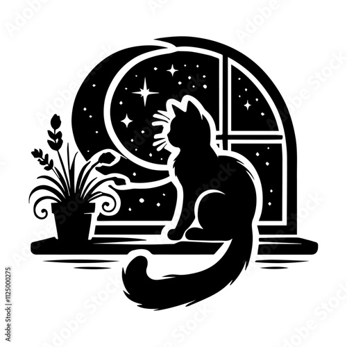 Silhouette of a cat sitting on a windowsill under a crescent moon vector